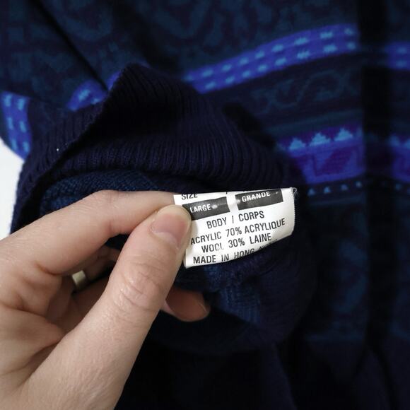 Vintage Demetre AOP Fair Isle Striped Navy Purple Wool Ski Sweater L 80s Granny - Picture 8 of 8